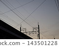 Overhead line poles and power lines in Musashi-Kosugi at dusk 143501228