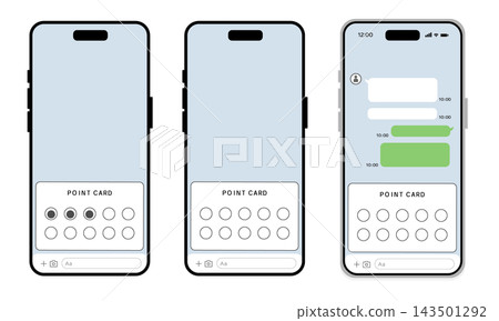 Three smartphone layouts with variations of digital stamp cards Three smartphone layouts with variations of digital stamp cards 143501292
