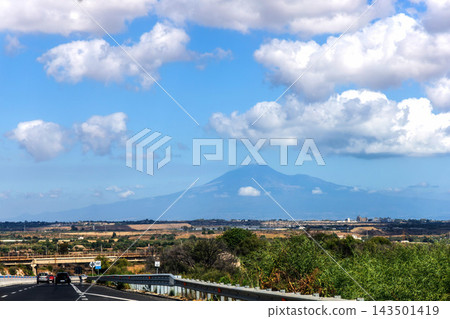 Highway in Sicily with Mount Etna view, Sicily, Italy Highway in Sicily with Mount Etna view, Sicily, Italy 143501419