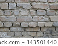 Old weathered white brick wall texture with rough cement mortar and aged neutral masonry surface. Vintage industrial background for architectural design, urban grunge patterns and historical 143501440
