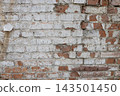 Old weathered brick wall texture with peeled white paint and exposed red clay bricks. Vintage rustic industrial background surface for design, architecture, grunge wallpaper and urban abstract 143501450