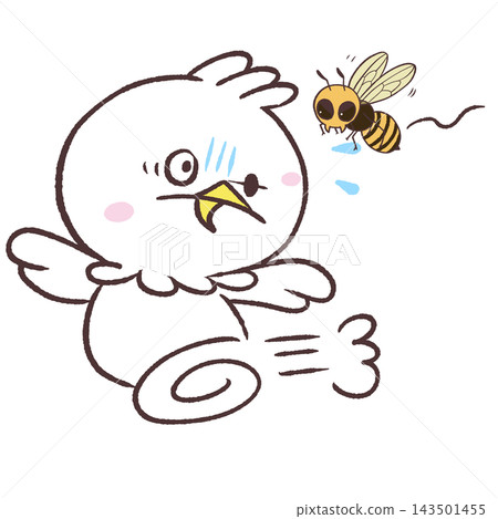 An illustration of a white bird being chased by a bee. 143501455