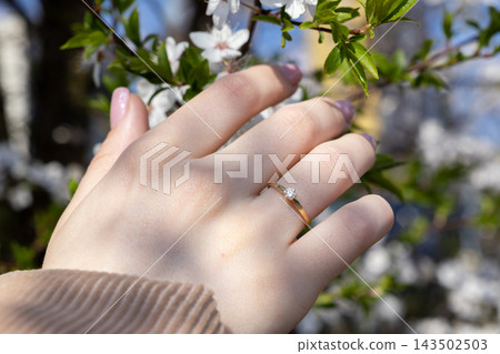 A gold diamond ring on a hand reaching toward blooming spring flowers, representing engagement, love, and romantic commitment during a sunny outdoor season in a soft natural setting A gold diamond ring on a hand reaching toward blooming spring flowers, representing engagement, love, and romantic commitment during a sunny outdoor season in a soft natural setting 143502503