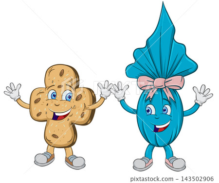 Happy Dove and Egg mascot Cartoon Typical Italian easter cake. vector illustration Happy Dove and Egg mascot Cartoon Typical Italian easter cake. vector illustration 143502906