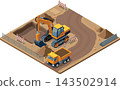 Excavator and dump truck in construction site 143502914