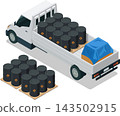 Pickup truck carrying oil barrel 143502915