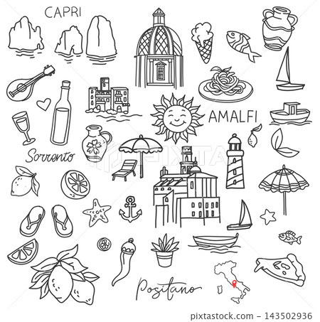 Capri, Sorrento, Positano, Amalfi. Vector mediterranean illustrations of Italian coast. doddle style Capri, Sorrento, Positano, Amalfi. Vector mediterranean illustrations of Italian coast. doddle style 143502936