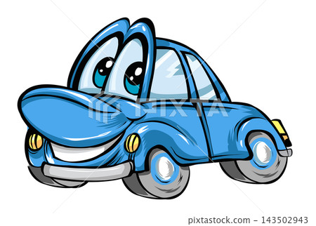 Cute blue cartoon car character, illustrated and isolated on a white background Cute blue cartoon car character, illustrated and isolated on a white background 143502943