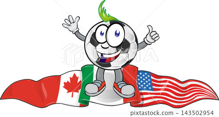 A cheerful cartoon soccer ball above the flags of the United States, Canada, and Mexico 143502954