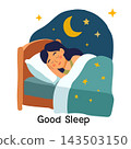 Vector illustration of a young woman sleeping peacefully in bed at night 143503150