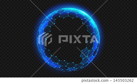 Light dome shield defense sphere with hexagon glass abstract 3d effect. Blue digital ball protection technology background. Transparent safety sphere for futuristic cyber security concept. 143503262
