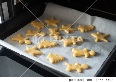 Raw Christmas cookies arranged on baking tray Raw Christmas cookies arranged on baking tray 143503308