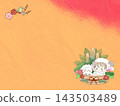 手繪背景，描繪了一隻小羊羔和一個穿著綿羊服裝的幼兒，背景是新年裝飾品，包括門松（松竹裝飾品）和梅花。 143503489