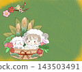 手繪背景，描繪了一隻小羊羔和一個穿著綿羊服裝的幼兒，背景是新年裝飾品，包括門松（松竹裝飾品）和梅花。 143503491