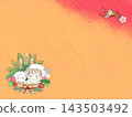 手繪背景，描繪了一隻小羊羔和一個穿著綿羊服裝的幼兒，背景是新年裝飾品，包括門松（松竹裝飾品）和梅花。 143503492