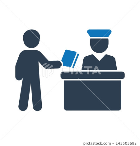 Person handing a document to a uniformed officer at a desk icon Person handing a document to a uniformed officer at a desk icon 143503692