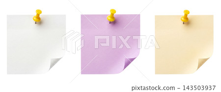 Three paper sheets with yellow pin 143503937
