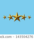 Premium Five Star Rating Concept with 3D Gold Stars on Blue Background.  143504276