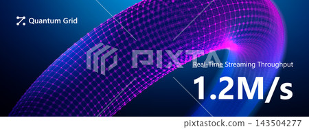 Technology network data abstract background blue purple digital grid. Sphere with glowing nodes and streaming flow futuristic tech. Science banner for quantum computing and real-time analytics. Technology network data abstract background blue purple digital grid. Sphere with glowing nodes and streaming flow futuristic tech. Science banner for quantum computing and real-time analytics. 143504277
