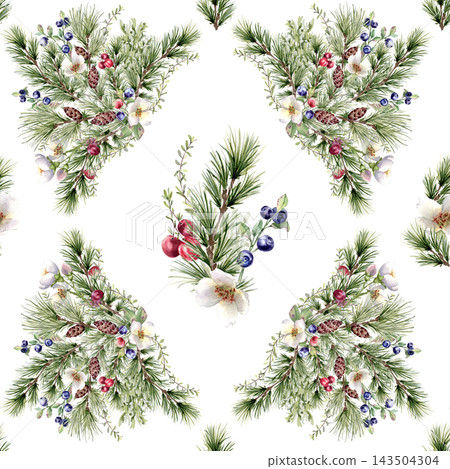 Watercolor evergreen twigs, berries and white flowers repeating geometric lattice pattern isolated. Pine branches in rhombus repeat. Christmas seamless background hand drawn for holiday packaging. Watercolor evergreen twigs, berries and white flowers repeating geometric lattice pattern isolated. Pine branches in rhombus repeat. Christmas seamless background hand drawn for holiday packaging. 143504304
