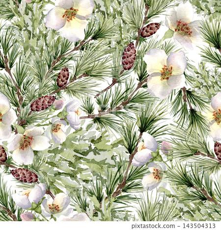 Watercolor seamless pattern of white flowers, pine branches and cone isolated. Christmas or New Year repeat coniferous floral background. Botanical winter holiday surface design hand drawn for textile Watercolor seamless pattern of white flowers, pine branches and cone isolated. Christmas or New Year repeat coniferous floral background. Botanical winter holiday surface design hand drawn for textile 143504313