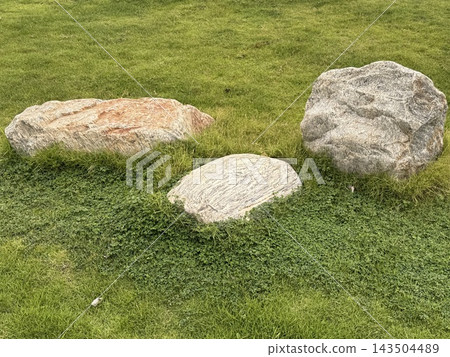 Three Decorative Natural Rocks on Green Garden Lawn 143504489