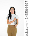 Smiling Asian Girl Holding Laptop on White Background Young Professional Business Woman Studio Portrait 143504497