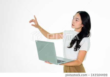 Asian Girl Holding Laptop and Pointing on White Background 143504499