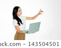 Asian Girl Holding Laptop and Pointing on White Background 143504501