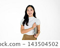 Smiling Asian Girl Holding Laptop on White Background Young Professional Business Woman Studio Portrait 143504502