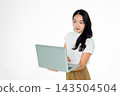 Young Asian Girl Using Laptop on White Background Student or Professional Woman Working on Computer 143504504