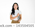 Smiling Asian Girl Holding Laptop on White Background Young Professional Business Woman Studio Portrait 143504505