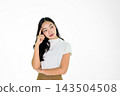 Thoughtful Young Asian Woman Touching Temple with Finger on White Background, Thinking Pose 143504508