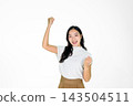 Excited Asian Girl Celebrating Victory with Raised Fist on White Background 143504511