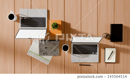 3D Illustration of Dual Laptop Workspace on Wooden Office Desk with Notebooks and Coffee Top View 3D Illustration of Dual Laptop Workspace on Wooden Office Desk with Notebooks and Coffee Top View 143504514