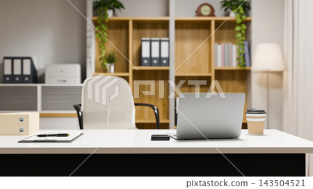 Modern 3D Office Workspace Illustration with Laptop and Desk 143504521