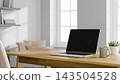 3D Illustration of Minimal Home Office Workspace with Laptop on Wooden Desk, Mug and Succulent Plant 143504528