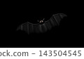 Halloween 3D Illustration of Cute Black Bat Flying with Glowing Orange Eyes on Dark Background 143504545