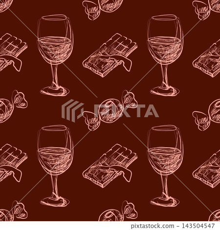 Red Wine, Chocolate Bar and Candy Scribble Seamless Pattern on Burgundy Background Red Wine, Chocolate Bar and Candy Scribble Seamless Pattern on Burgundy Background 143504547