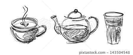 Coffee Cup, Teapot and Glass Scribble Vector Illustration Set Coffee Cup, Teapot and Glass Scribble Vector Illustration Set 143504548