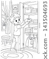 Boy putting folded clothes away in an open wardrobe coloring page 143504693