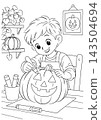 Halloween Coloring Page of a Boy Drawing a Jack O Lantern Face 143504694
