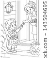 Halloween Coloring Page of a Boy in Costume Receiving Candy at the Door 143504695