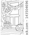 Halloween Coloring Page of a Boy Hanging Ghost and Pumpkin Decorations 143504696
