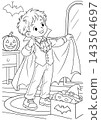 Halloween Coloring Page of a Boy Showing Off His Cape in Front of a Mirror 143504697