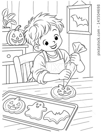 Halloween Coloring Page of a Boy Decorating a Pumpkin Cookie with Icing Halloween Coloring Page of a Boy Decorating a Pumpkin Cookie with Icing 143504698