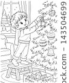 Christmas Coloring Page of a Boy Decorating the Christmas Tree 143504699