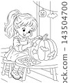 Halloween Coloring Page of a Girl Decorating a Pumpkin with Stars 143504700