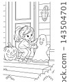 Halloween Coloring Page of a Girl Decorating Her Porch with a Ghost 143504701