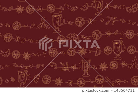 Mulled wine winter drink seamless pattern with garland lines outline background Mulled wine winter drink seamless pattern with garland lines outline background 143504731